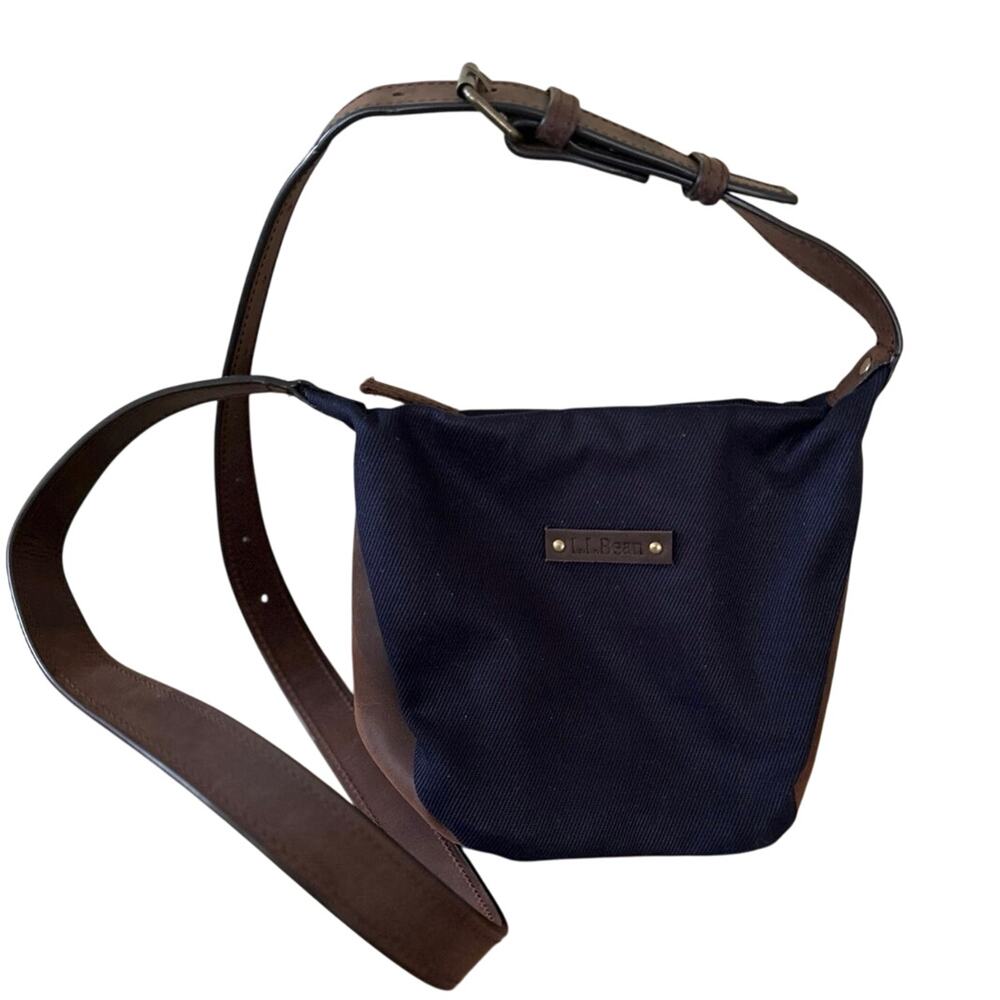LL Bean Canvas Crossbody Bag Small Blue Brown Canvas Leather Travel Hiking